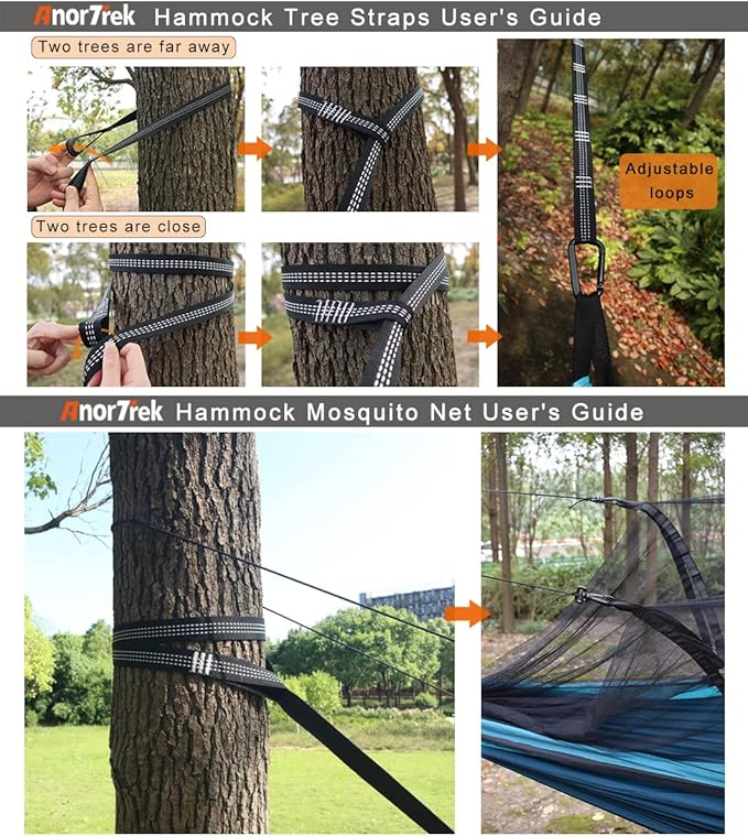 AnorTrek Camping Hammock with Mosquito Net, Double & Single Lightweight Portable Hammocks with Tree Straps, Parachute Hammock for Camping, Backpacking