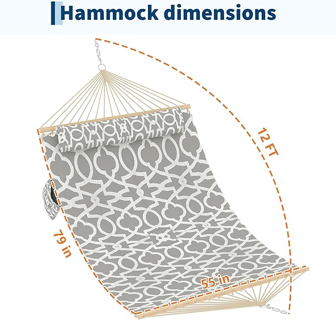 Hammocks 12 FT Double Quilted Fabric Hammock with Spreader Bar and Detachable Pillow, 2 Person Hammock for Outdoor Patio Backyard Poolside, 450lbs Weight Capacity