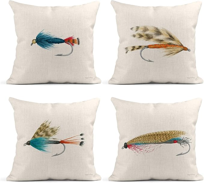 Set of 4 Linen Throw Pillow Cover Case Fishin Fish Hook Decorative Pillow Cases Covers Home Decor Square 18 x 18 Inches Pillowcases