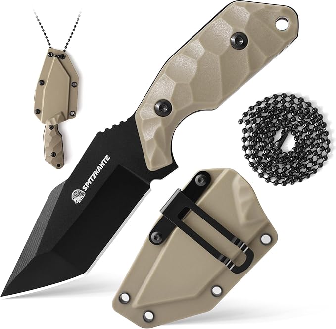 Neck Knife with Sheath and Necklace X-TAN-K, Horizontal Carry Knife with Full Tang Tanto 5Cr14MoV Steel Blade, Khaki ABS Handle, EDC, Outdoor, Camping & Hiking