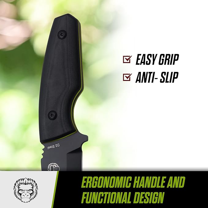 Holtzman's Gorilla Survival Tanto Fixed Blade Neck Knife with Kydex Sheath & Ferro Rod (Black+Green) - Ideal for Outdoor Activities and Everyday Carry