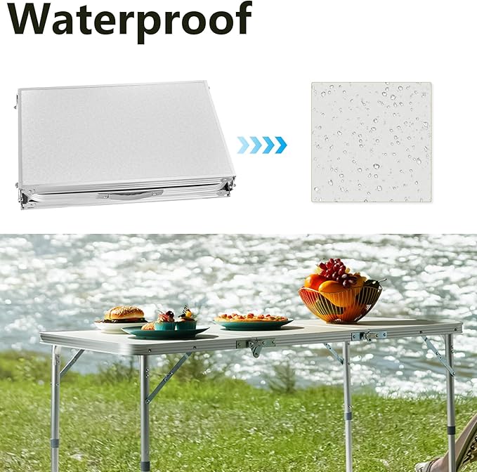 Outvita 4ft Portable Folding Picnic Table, Outdoor Waterproof 2 Level Adjustable Height Camping Table, Aluminum Lightweight Suitcase Foldable Table for Picnic BBQ Beach Dining