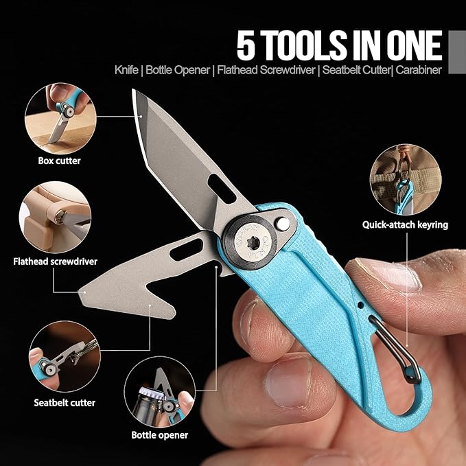 TACRAY Vinto 5-in-1 Small Pocket Knife – Ultra-Light Compact Multitool with Utility Knife, Seatbelt Cutter, Bottle Opener, Flathead Screwdriver & Keyring Attachment for Everyday Carry (Blue)
