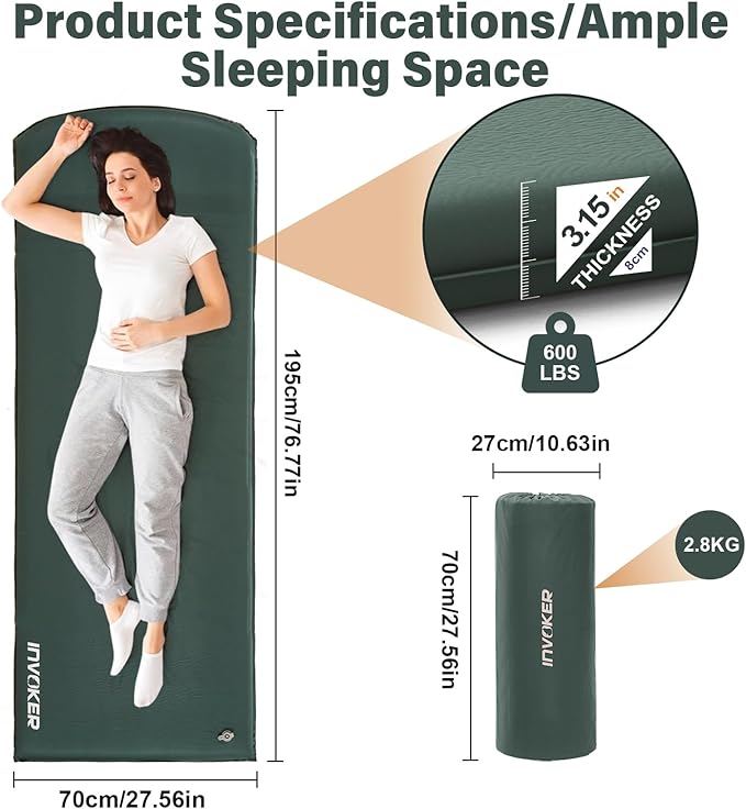 INVOKER 3.15" Self Inflating Camping Sleeping Pad, Ultra-Thick Elasticity Foam Fast Inflating 4-Season Insulated Durable Camping Mat Air Mattress with Pillow, for Tent, Car, Camping, Traveling, Green