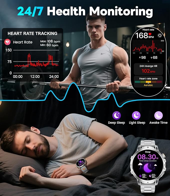 Military Smart Watch for Men, 1.85" HD Large Screen, Bluetooth Call/1000mAh/Flashlight/Heart Rate Sleep Monitor, 110+ Sports Modes Fitness Tracker Watch for Android iOS, Holiday, Silver Steel