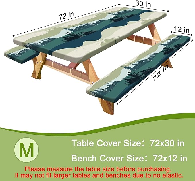 Picnic Table Cover with Bench Covers Portable Table Cloth Built-in Storage Pocket Fitted Tablecloth with Elastic Edges Waterproof Camping Essentials for Indoor Outdoor Rv,72in,Green Blue