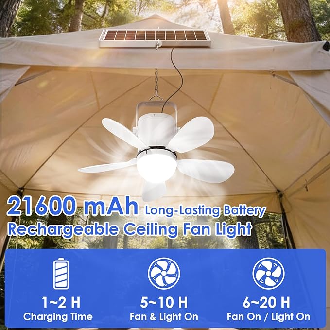 21” Solar Ceiling Fan with Light, Solar Gazebo Fan Light Outdoor with Remote, Portable Rechargeable Battery Operated Camping Fan, for Outside Canopy Tent Porch Patio Greenhouse RVs Pergola