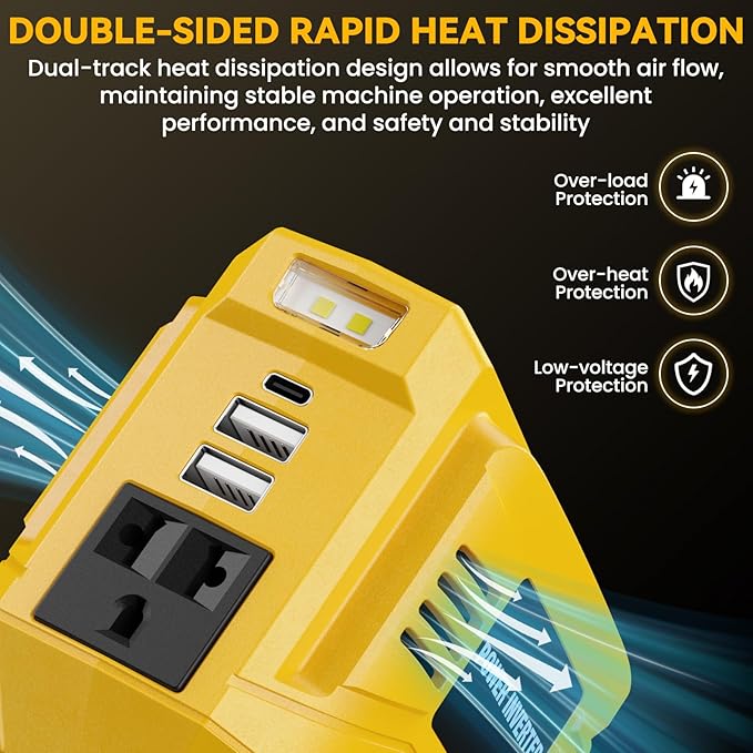 VAXCANZE 200W Power Inverter for Dewalt, DC 20V to AC 110V Inverter, Portable Power Station with 2 USB Ports & 1 AC Outlet & 1 Type-C Fast Charging, Battery Adapter with LED, Battery Not Included