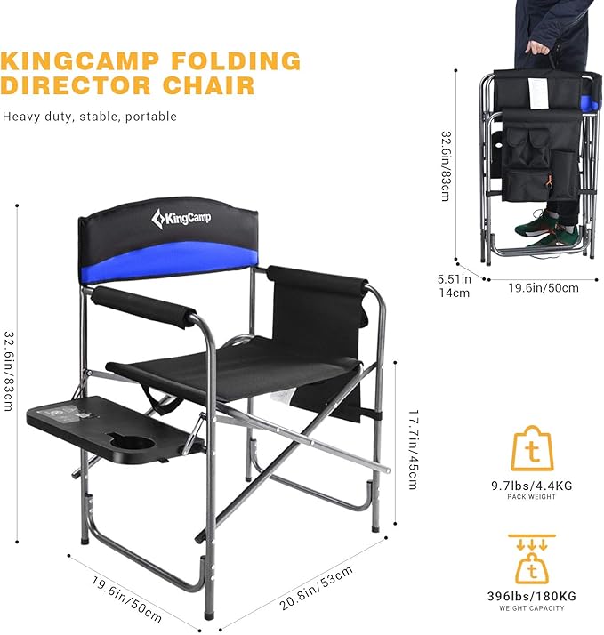 KingCamp Portable Camping Chair, Folding Directors Chair Compact Outdoor Chair with Side Table Cup Holder for Beach Trip Tailgating Lawn Sports Backpacking Fishing Picnic, Blue
