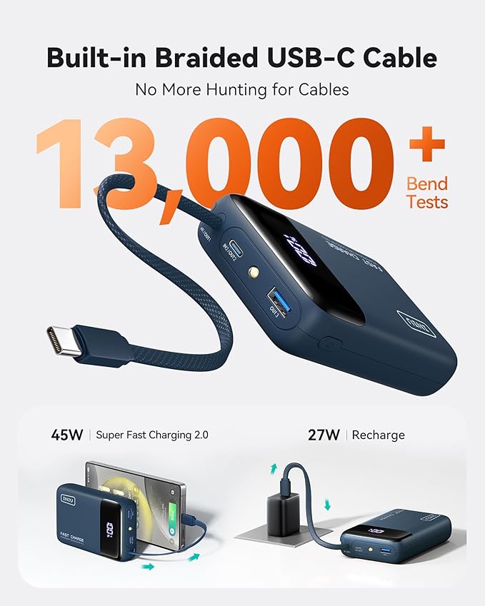 INIU 20000mAh Portable Charger, Small Power Bank, 45W PD Fast Charging Battery Pack with Build in USB-C Cable, Flight Travel Essentials Phone Charger for College Student Travelers Boys Girls, Blue