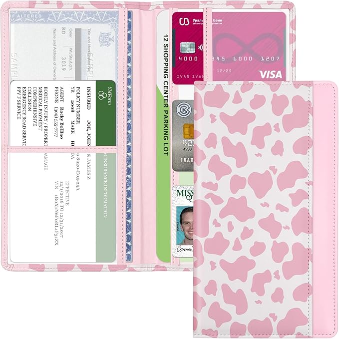 Car Registration and Insurance Holder, with Magnetic Closure for License, Cards and Documents, All Vehicle Needs and Car Accessories (Cow-Pink)