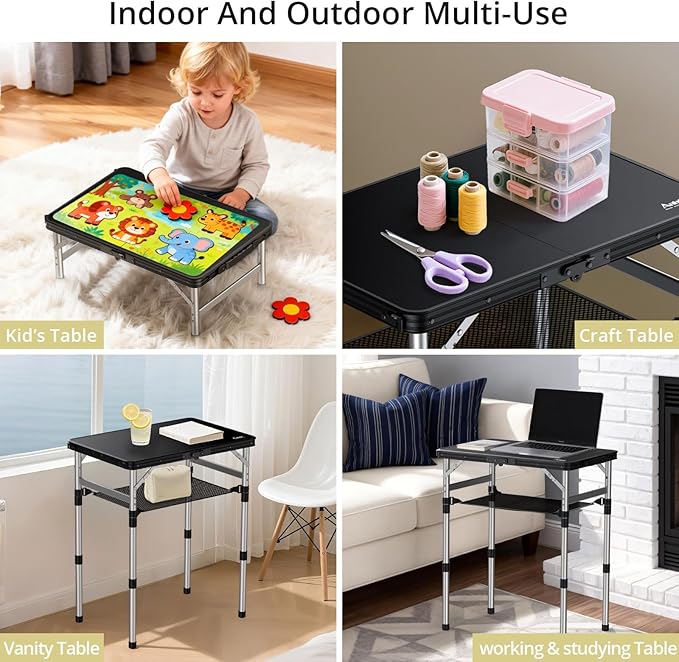 Anbte 2ft Small Plastic Folding Camping Table, Waterproof 3 Adjustable Height Portable Camping Table with Storage Net, Flat Tabletop, for Picnic Indoor Outdoor Travel Beach Patio, 22.8" X 15.7", Black