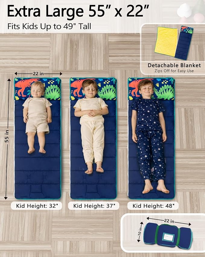 Primlect Toddler Nap Mat with Detachable Blanket and Removable Pillow, Kids Sleeping Bag 55''x35'' for Daycare Preschool Kindergarten, Toddler Sleeping Mat for Boys and Girls