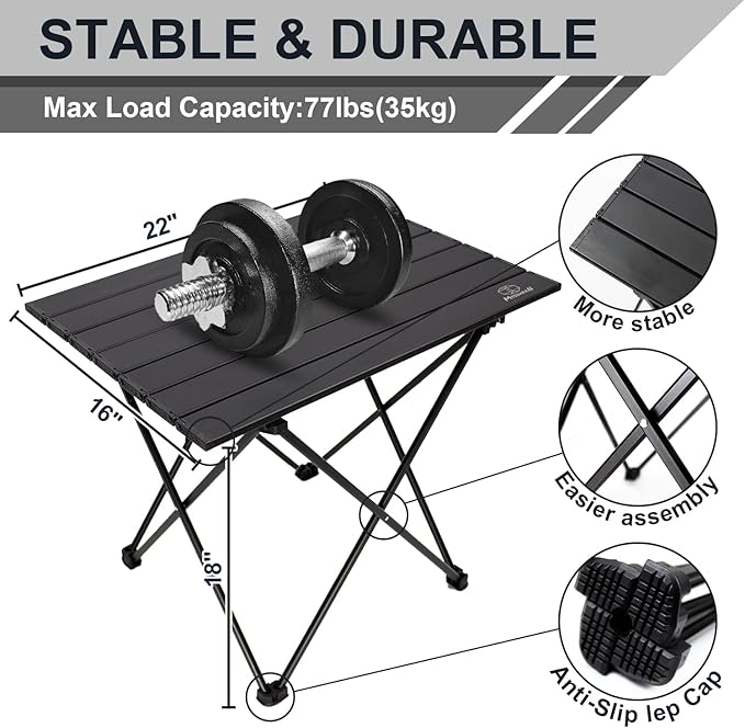 MSSOHKAN Camping Table Folding Portable Camp Side Table Aluminum Lightweight Carry Bag Beach Outdoor Hiking Picnics BBQ Cooking Dining Kitchen Black Medium