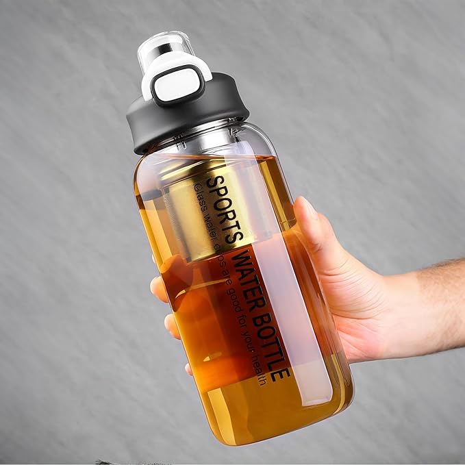 Glass Tea Bottle with Infuser - Gass Tea Tumbler with Infuser, Borosilicate Glass Infuser Water Bottle with Straw, Sleeve,Lock Lid and Handle, Leakproof (1200ML)