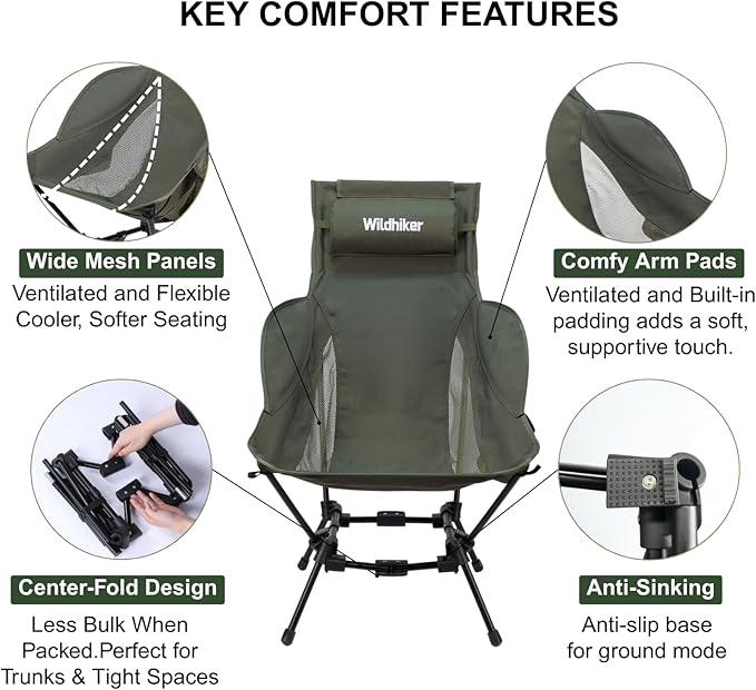 Wildhiker Compact High Back Camping Chair - Foldable with Dual Sitting Modes, Pillow, Arm Pads and Side Pockets - Lightweight Portable Chair for Motorcycle, RV, Festival, Travel - Green