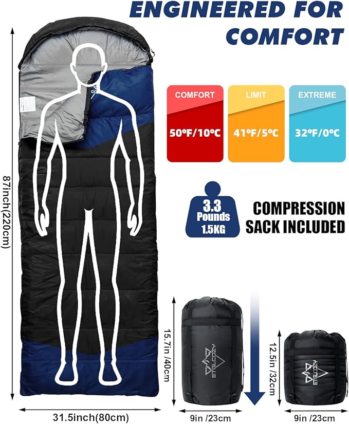 Lightweight 3-Season Sleeping Bag for Adults/Kids Camping, Compact w/Compression Sack, Waterproof Ripstop, Portable for Backpacking Hiking Travel