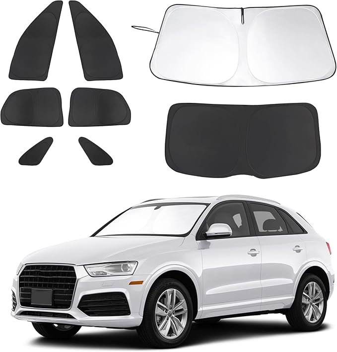 8PCS Windshield Sun Shade Custom Fit for 2013-2018 Audi Q3 Accessories Foldable Sunshade Side Rear Window Shade Cover Full Set Privacy Protection Keeps Car Cool