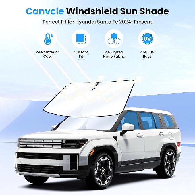 Canvcle Windshield Sun Shade for 2024-2025 2026 Hyundai Santa Fe Accessories Upgraded Double-Layer Front Window Sunshade Cover Sun Visor Protector Foldable Block UV Rays Keep Vehicle Cool