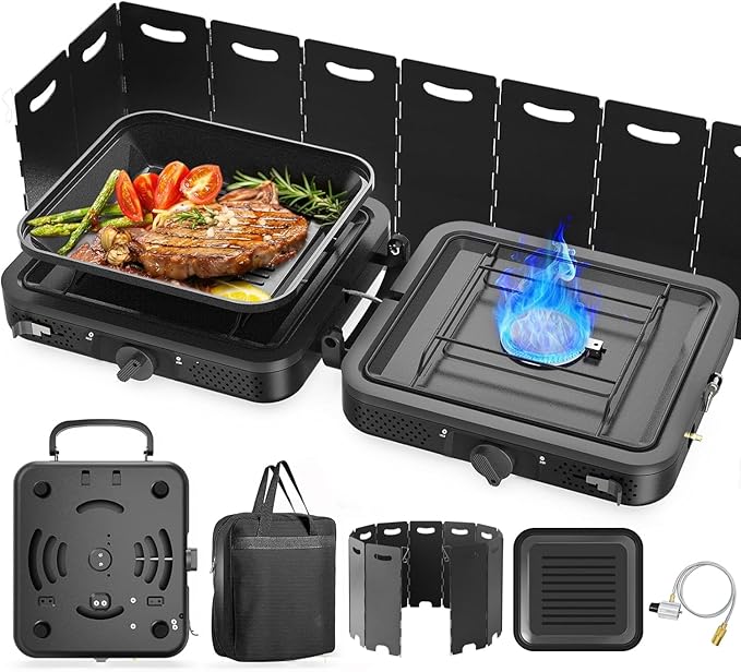 2 Burner Portable Camping Stove Propane, Folding Propane Stove for Camping, Camp Stove with 17,000 BTU,Two Adjustable Burners Gas Camping Stove with Carrying Bag for Outdoor Cooking,BBQ