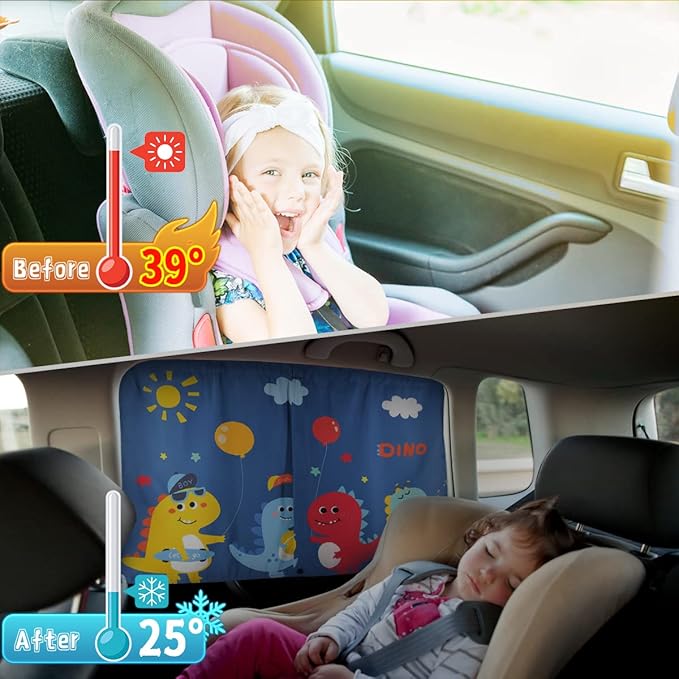 DIZA100 Car Window Shades, 2 PCS Magnetic Double Layer Sun Shade, Side Windows Privacy, Full Covers/Half Shade Options, Cute Dinosaurs, Compatible with Car, SUV, Minivan
