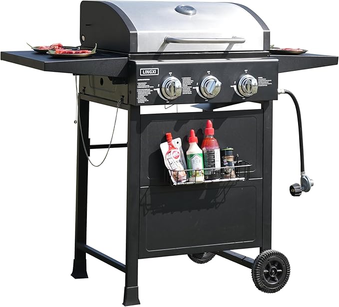 LINGXI gas grills propane 3-Burner Propane Grill, Gas Grill with front hanging basket, Asadores De Gas.30000 BTU barbecue grill, Grills outdoor cooking. Suitable for Backyard, Outdoor, Patio, Garden