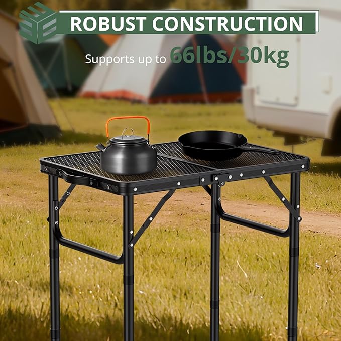 EYPINS 2ft Folding Grill Table with 3 Adjustable Heights Max 27.6'',Aluminum Heat-Resistant Cooking Camping Table,Lightweight Portable Side Table with Handle for Outside Patio BBQ,Black 22.8''x15.7''