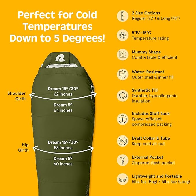 Retrospec Dream Mummy Sleeping Bag - 5, 15, & 30°F Cold Weather Camping & Travel Essential Gear with Water - Resistant Shell & Synthetic Fill - Zippered Pocket & Stuff Sack