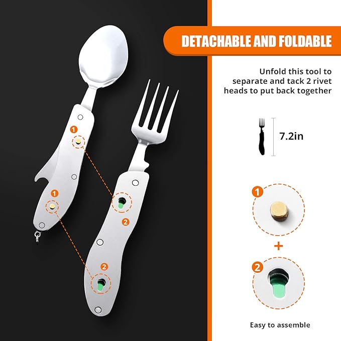 HIKENTURE 4-in-1 Camping Utensils,Stainless Steel Spoon Fork Knife Combo with Bottle Opener,Backpacking Eating Cutlery for Traveling,Hiking,Scouting Hobo Multitool Set (Army Green)