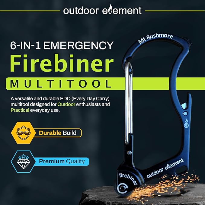 OUTDOOR ELEMENT Firebiner Custom Engraved 6-in-1 Fire Starter Carabiner Multitool – Survival Gear EDC Keychain with Utility Blade, Bottle Opener, Screwdriver, Emergency Tool