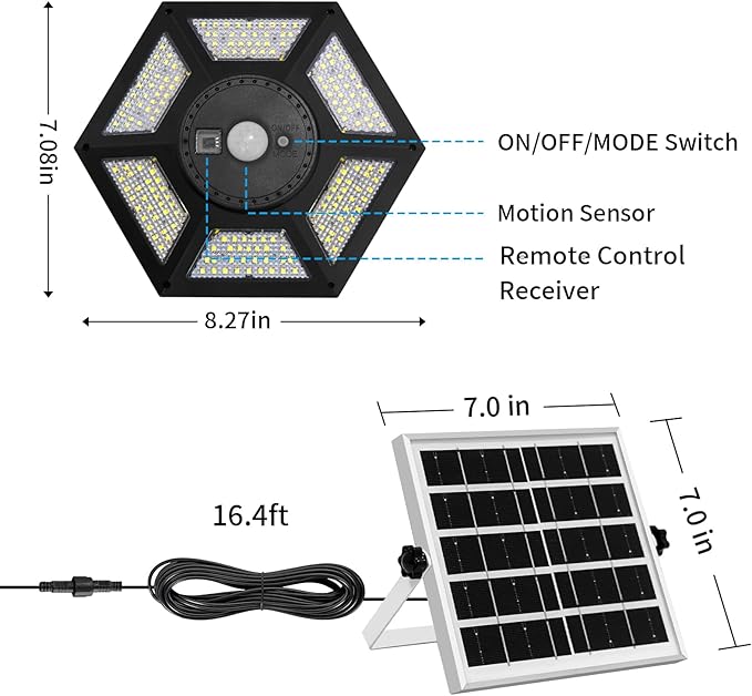 Aqonsie Solar Shed Light Indoor Outdoor Solar Powered Pandent Daytime Work Lights with 5 Lighting Modes & 3 Timers, 180LED Solar Indoor Lights Motion Sensor with Remote Control for Shed Barn Garage