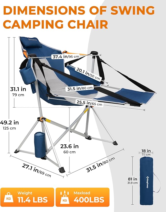 KingCamp Hammock Chair with Footrest – Heavy Duty Swinging Rocking Camping Chairs for Adults up to 400lbs, Folding Portable Oversized Rocker with Cup Holder & Pillow for Outdoor Beach Lawn RV Sports
