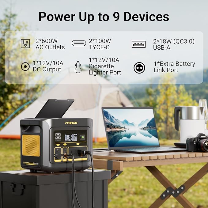VTOMAN FlashSpeed 600 Portable Power Station, 499Wh LiFePO4 Battery, 600W AC (1200W Peak)/100W USB-C Output, Solar Generator (Solar Panel Optional) for Home Backup, Camping, Fishing, RVs