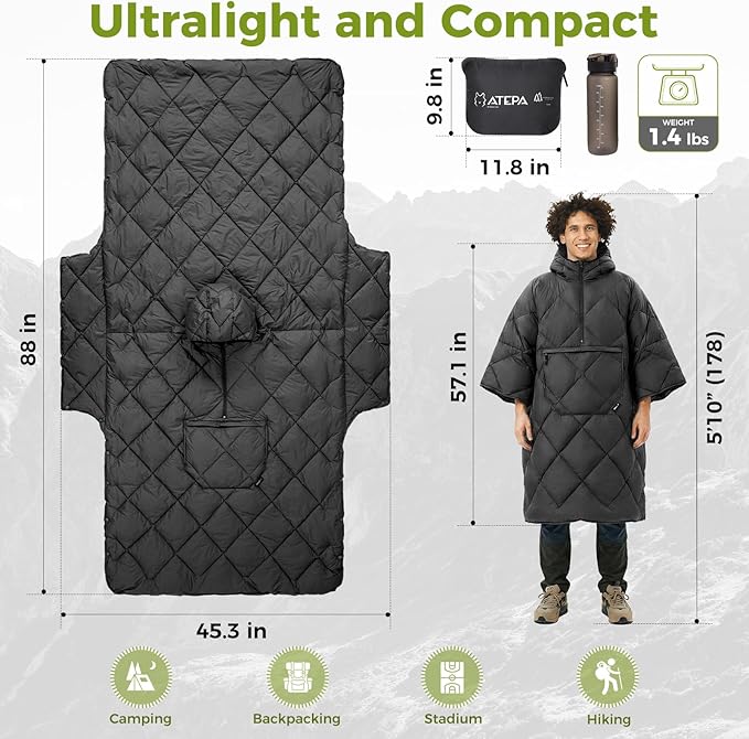 ATEPA Wearable Sleeping Bag, Recycled Water-Resistant Camping Blanket Poncho, Ultralight Packable Stadium Blanket for Outdoor
