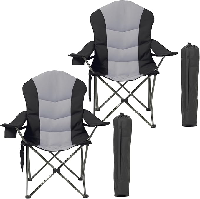 Oversized Camping Chair Heavy Duty- Portable Folding Chair, Cup Holder & Waterproof Phone Case for Adults, Beach, Hiking, Backyard (Black & Light Gray, 2 PCS)