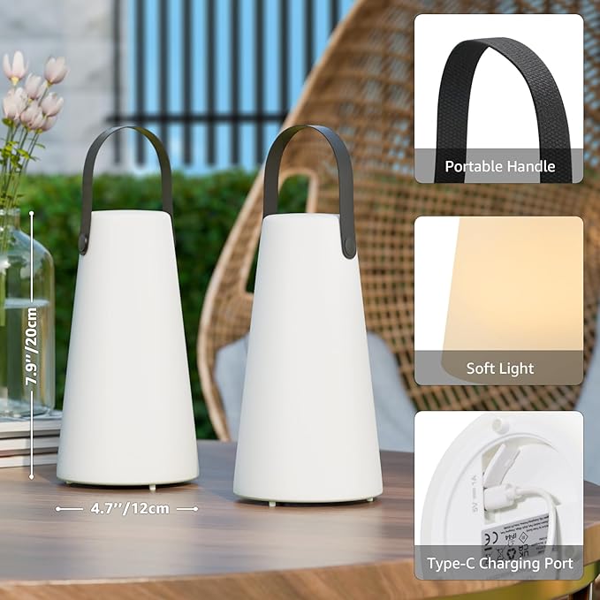 2 Pack Outdoor Lamps, NiceBuy Rechargeable Outdoor Lanterns Table Lamp with IP44 Waterproof, Battery Operated Portable Hanging Cordless Outdoor Lamp RGB Colors for Patio Camping Balcony Porch