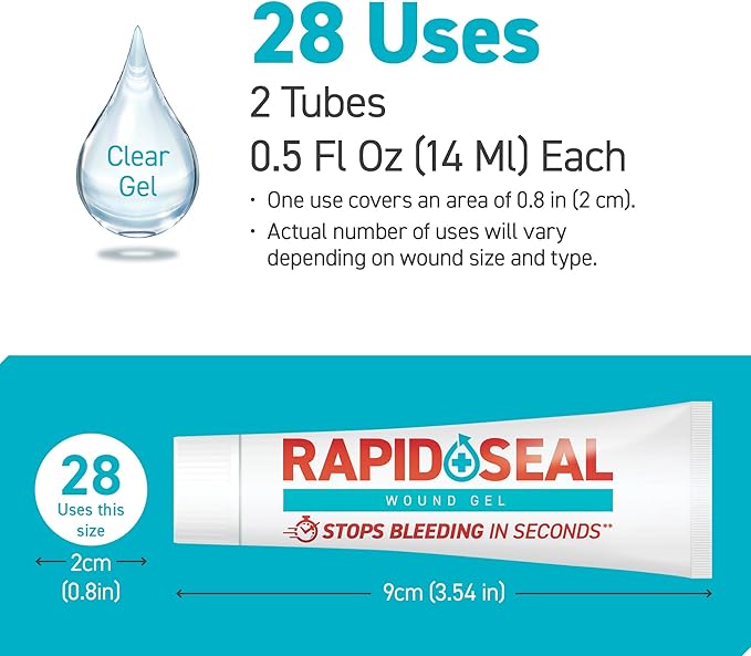 Rapid-Seal Wound Gel (2 Tubes) | Stops Bleeding in Seconds | Ideal for Cuts, Scrapes and Razor Nicks for Emergency First Aid Supplies