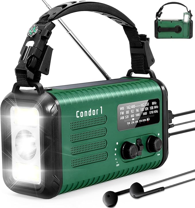 Emergency Weather Radio (Condor 1) NOAA/AM/FM with 74000mWh Portable Radio, USB-C/Solar/Hand Crank Charging, SOS Alarm, Flashlight, Reading Lamp & Survival Handle Kit for Indoor/Outdoor Emergency