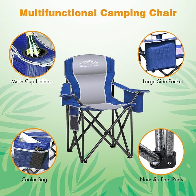 2PCS Folding Camping Chair Portable Outdoor Heavy Duty Padded Chairs Lawn Chair with Cup Holder, Storage Pocket and Cooler Bag, Supports 480LBS Blue