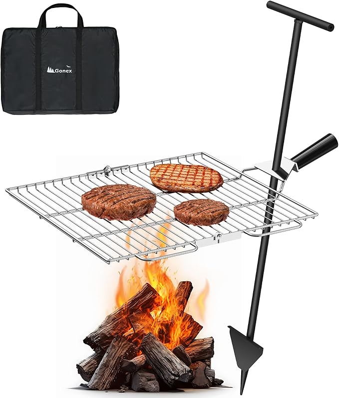 Gonex Portable Campfire Grill Grate for Fire Pit Foldable Stainless Steel Grill Height Adjustable Camping Cooking Equipment for RV Outdoor Backyard BBQ Courtyard 15.35"x18.3"
