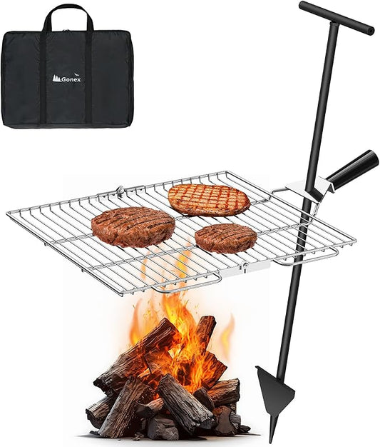 Gonex Portable Campfire Grill Grate for Fire Pit Foldable Stainless Steel Grill Height Adjustable Camping Cooking Equipment for RV Outdoor Backyard BBQ Courtyard 15.35"x18.3"