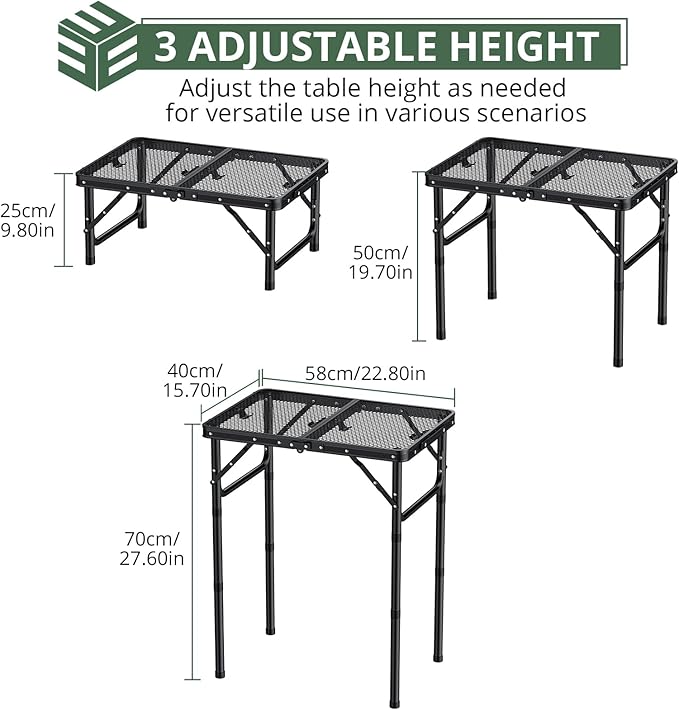 EYPINS 2ft Folding Grill Table with 3 Adjustable Heights Max 27.6'',Aluminum Heat-Resistant Cooking Camping Table,Lightweight Portable Side Table with Handle for Outside Patio BBQ,Black 22.8''x15.7''