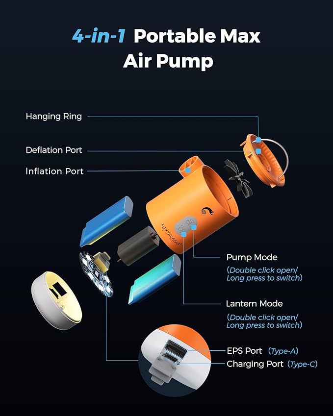 FLEXTAILGEAR 4.5kPa Air Pump for Inflatables, Portable Air Pump with Led Light, 3600 mAh Rechargeable Battery Air Mattress Pump Inflator Pump for Pool Floats Boats Sleeping Pads Inflatable Toys