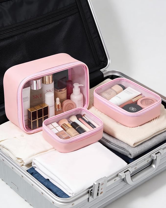 Travel Clear Makeup Bag Set for Women, 3 Pack Travel Size Toiletry Bag with Zipper Small Makeup Pouch for Purse Waterproof Portable Cosmetic Case Compact Car Organizer Storage Bag (Pink Set)