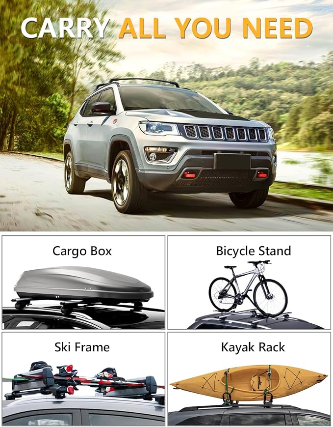 Tuyoung 300lbs All Aluminum Roof Racks Cross Bars Compatible with Jeep Compass 2018-2026, Lockable Heavy Duty Roof Rails Crossbars Rooftop Cargo Basket Carrier Bag Luggage Rails Kayak Canoe Snowboard