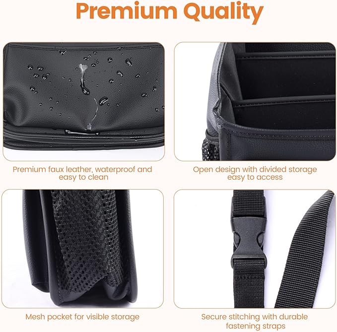 Viaviat Front Seat Organizer Car Upholstery Leather Passenger Seat Storage Bag Large Durable Car Organizer with Adjustable Strap Multiple Compartments Mesh Bags Cup Holders (black)