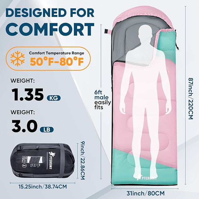 PTEROMY Sleeping Bags for Adults, Lightweight and Machine Washable, Water Resistant Backpacking Camping Sleeping Bag for Warm Cold Weather, Camping Essentials for Hiking Travel