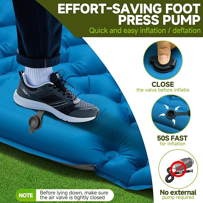 Double Camping Sleeping Pad, 4" Extra Thick 2 Person Inflatable Sleeping Pad with Built-in Foot Pump & Pillow, Ultralight Self Inflating Camping Mattress for Tent, Backpacking, Hiking, Travel, RV
