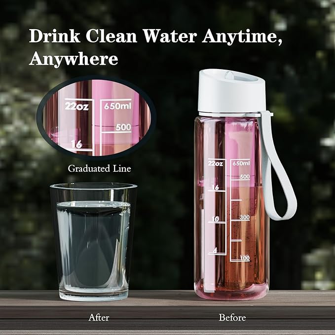 Purewell Filtered Water Bottle BPA Free with 5-Stage Integrated Filter Straw for Camping, Hiking, Backpacking and Travel (Pink)