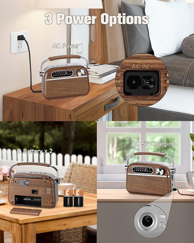 PRUNUS J-130 Retro Portable AM FM Radio AC Plug in Wall,Battery Operated/Rechargeable,Transistor Radios with Bluetooth,Vintage Wood Radio Support TF Card/USB Playing, for Dad and Mom